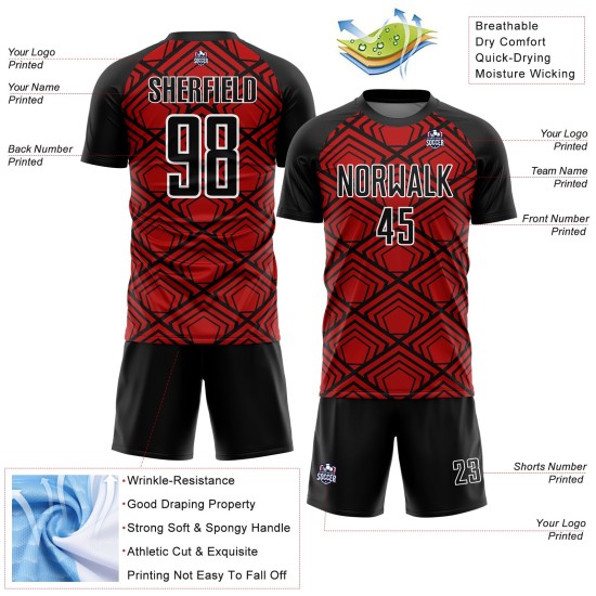 Custom Red Black-White Geometric Pattern Sublimation Soccer Uniform Jersey Custom Red Black-White Geometric Pattern Sublimation Soccer Uniform Jersey