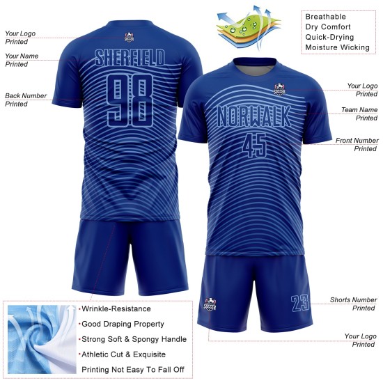 Custom Royal Light Blue Gradient Geometric Lines Sublimation Soccer Uniform Jersey Custom Royal Light Blue Gradient Geometric Lines Sublimation Soccer Uniform Jersey