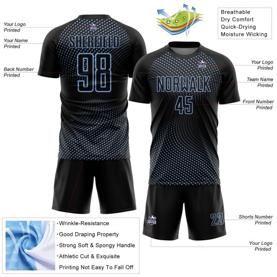 Custom Black Light Blue Geometric Lines Sublimation Soccer Uniform Jersey Custom Black Light Blue Geometric Lines Sublimation Soccer Uniform Jersey