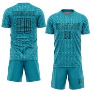 Custom Teal Black Geometric Pattern Sublimation Soccer Uniform Jersey Custom Teal Black Geometric Pattern Sublimation Soccer Uniform Jersey